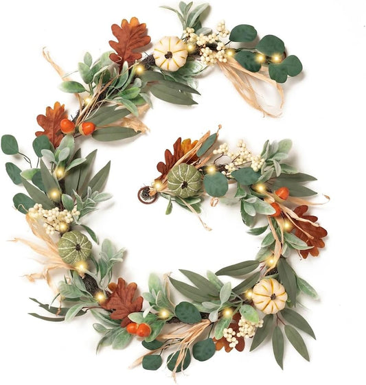 6ft Fall Garland for Mantle with Pumpkins and Lights, Autumn Harvest Decor