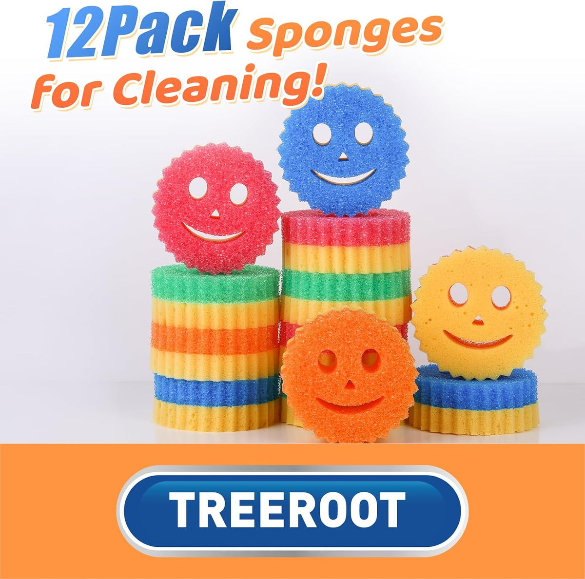 12-Pack Colorful Smile Scrub Sponges - Temperature Controlled Double-Sided Kitchen Cleaning Tools