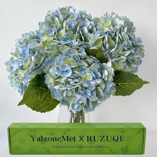 YalzoneMet 5Pcs Light Blue-Green Real Touch Hydrangea Artificial Flowers 21'' Faux Latex Hydrangea Flowers for Wedding Table Centerpieces Fake Flowers for Party Home Kitchen Living Room Decor
