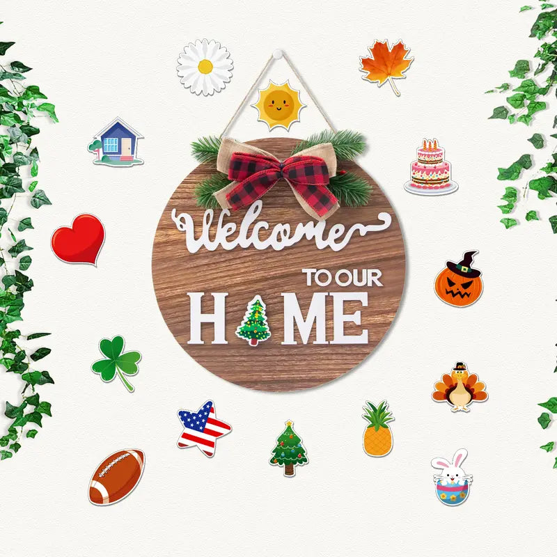 All-Season Wooden Welcome Sign - 12x12 Inch Round Wreath for Front Door and Home Wall Decor
