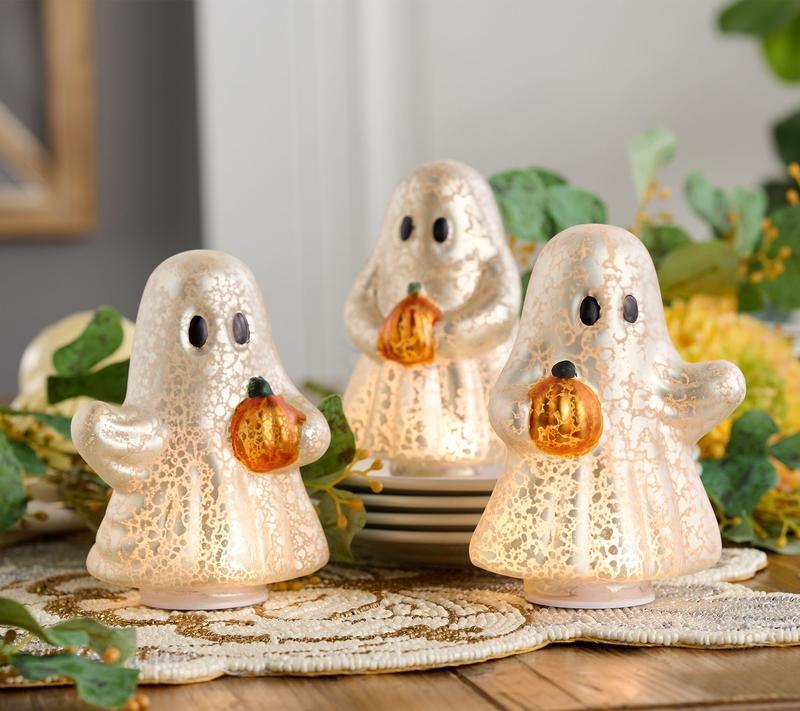 Set of 3 Illuminated Mercury Glass Ghosts with Pumpkins for Halloween Decor