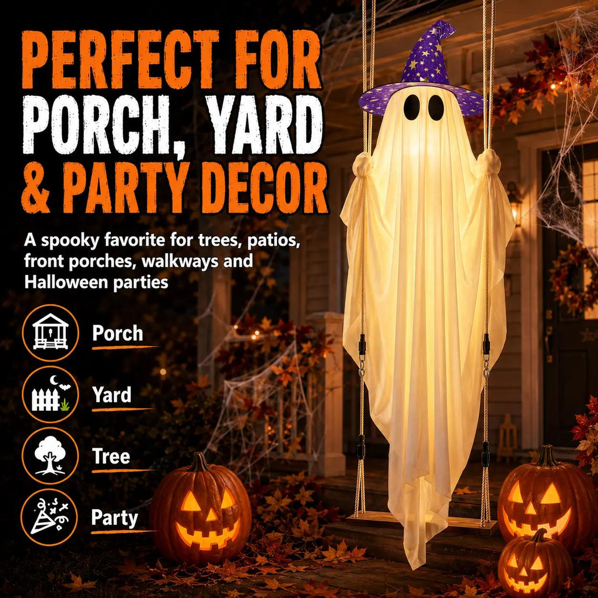 13FT Lighted Hanging Ghost Swing Halloween Outdoor Decor with Remote Control