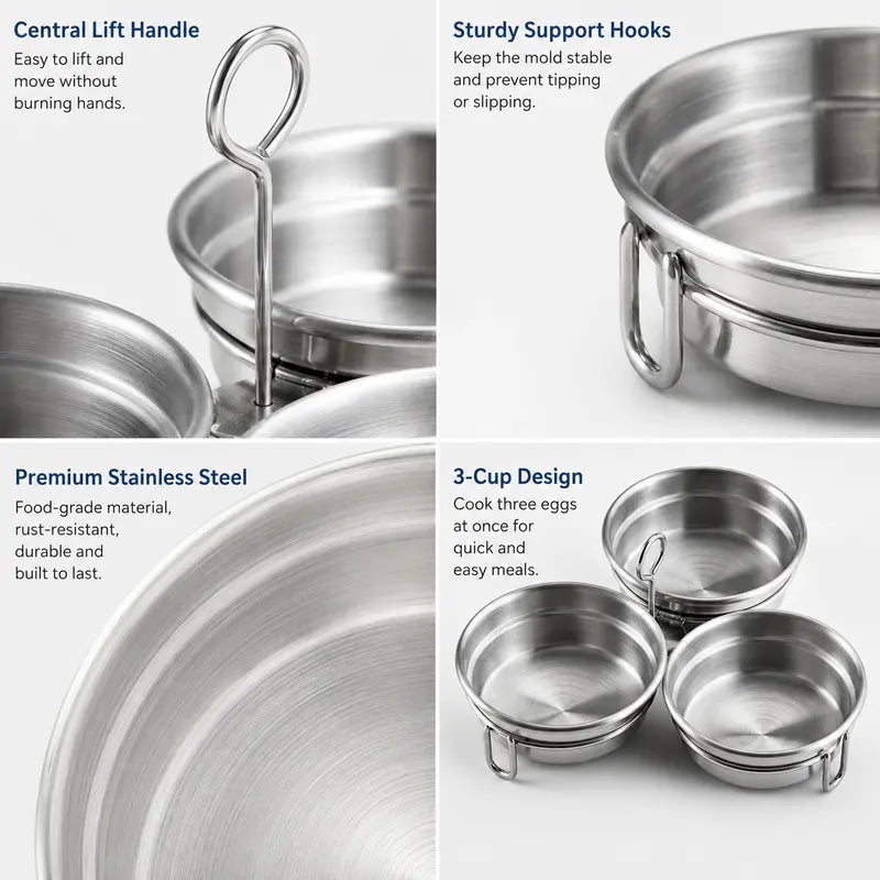 Stainless Steel Egg Poacher - 3 Cavity Steaming Mold with Handle for Kitchen