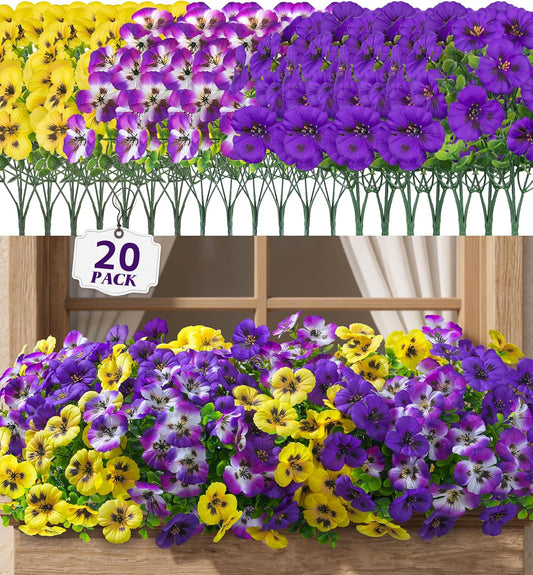 Ivydale 20PCS Artificial Fake Pansy Flowers for Outdoors Spring Decor,Faux Silk Pansies UV Resistant Plants for Front Door Porch Yard Patio Window Box Home Decor(Purple Yellow Gradient Purple)