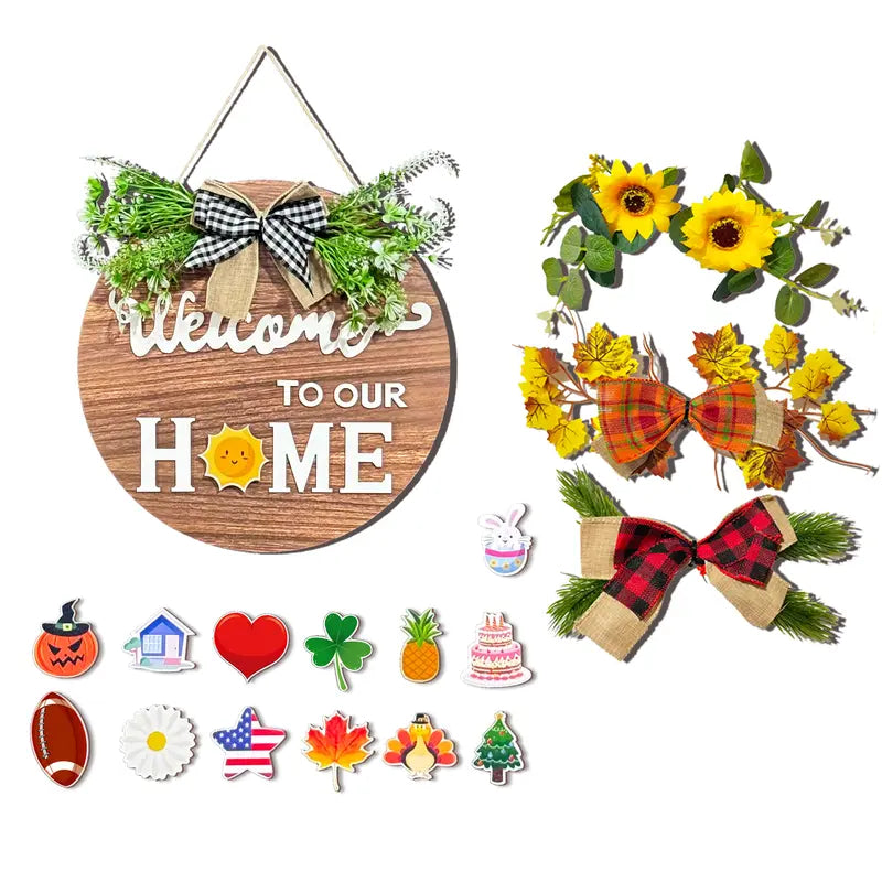 All-Season Wooden Welcome Sign - 12x12 Inch Round Wreath for Front Door and Home Wall Decor
