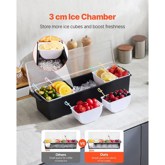 6-Detachable Compartment Ice-Cooled Condiment Server, Food-Safe Preservation Container with Lid