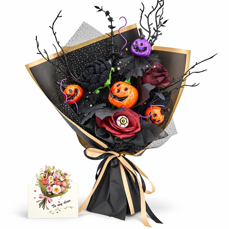 Handmade Crochet Flowers Bouquet - Halloween Pumpkin and Ghost Decor Gift