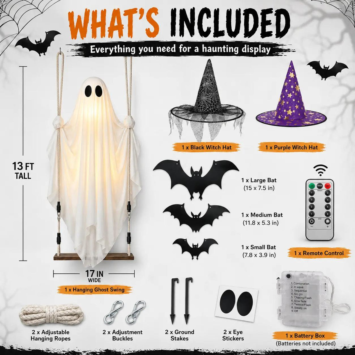 13FT Lighted Hanging Ghost Swing Halloween Outdoor Decor with Remote Control
