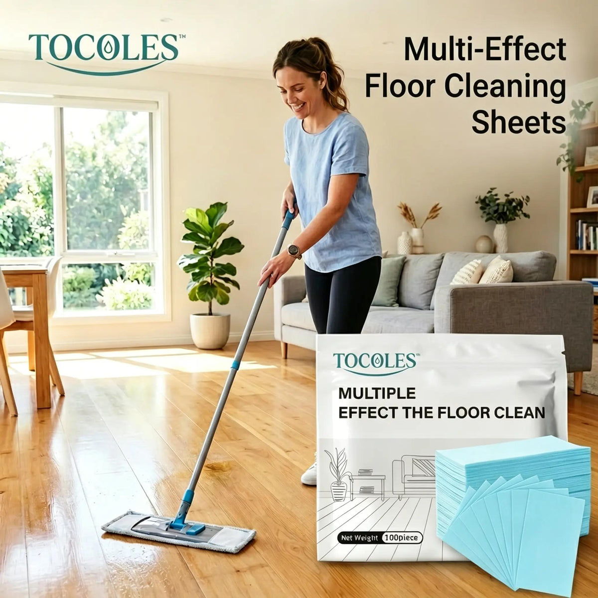 Multi-surface floor cleaning tablets with a hardwood floor cleaning scene