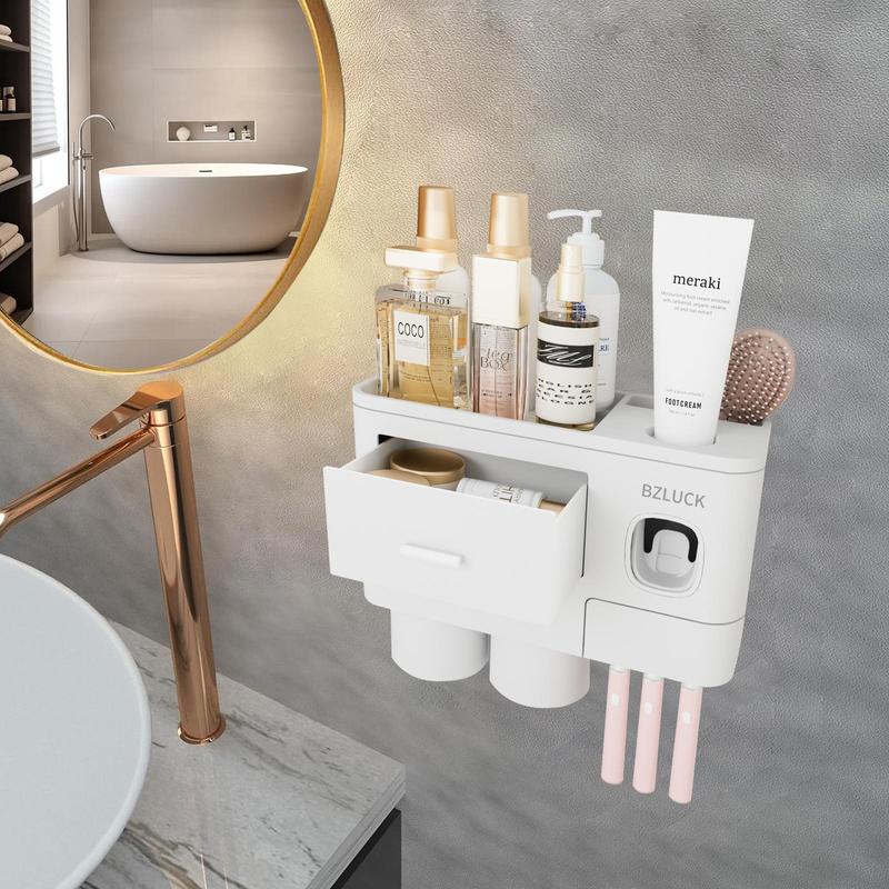Wall Mounted Toothbrush Holder with Automatic Toothpaste Dispenser and Storage Tray