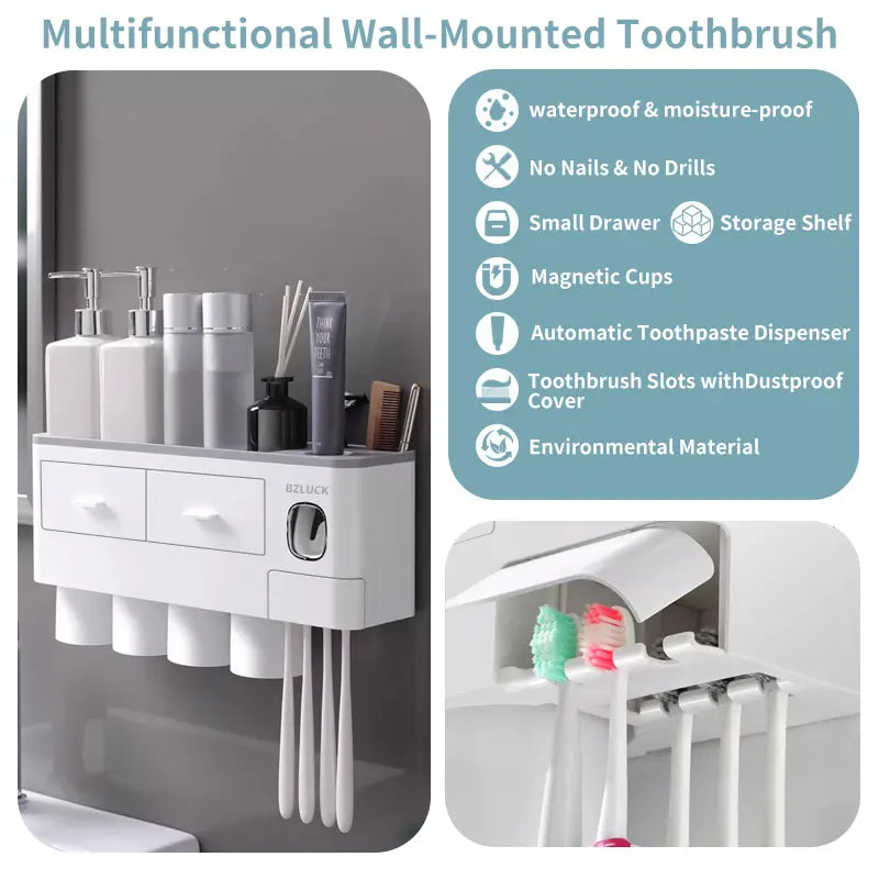 Wall Mounted Toothbrush Holder with Automatic Toothpaste Dispenser and Storage Tray