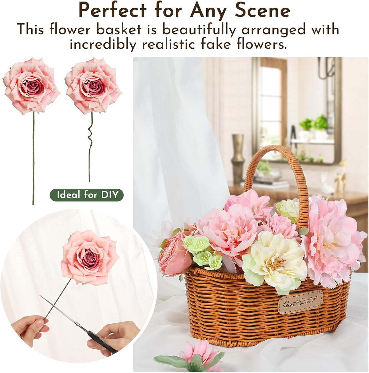 Artificial Flowers Combo Pink Roses with Stems Bouquets Box Set Bridal Wedding Shower Decorations Fake Floral for Party Table Centerpieces Home Decor