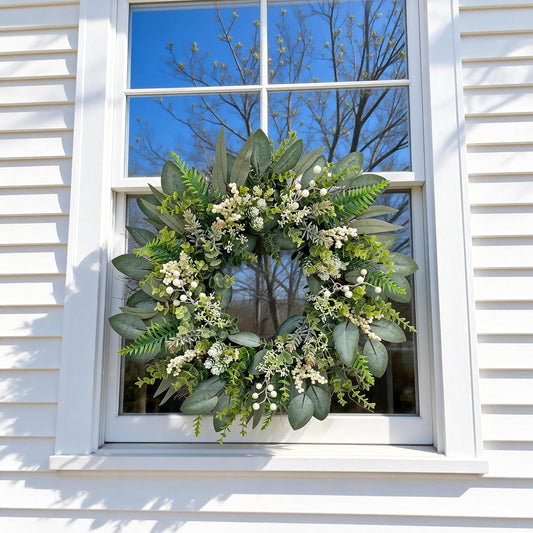 24 Inch Greenery Wreaths for Front Door – Artificial Eucalyptus Wreath with White Berries and Mixed Green Leaves, Year-Round Farmhouse Indoor Outdoor Door Wreath for Spring Summer Home Decor
