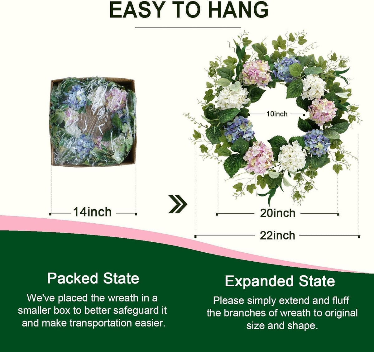 Spring Summer Wreaths for Front Door, 20 Inch Artificial Wreaths with Hydrangea Floral, Floral Wreath for Porch Wall Window Wedding Decor, All Season Wreaths for Home Outdoor Decoration