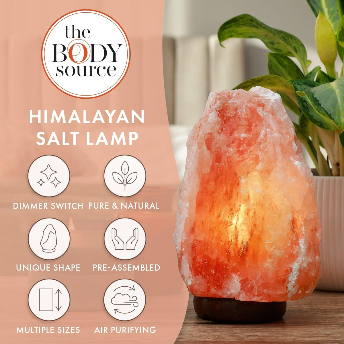 Himalayan Salt Lamp Large 8-10 Inch Pink Rock Lamp with Dimmer & Wooden Base