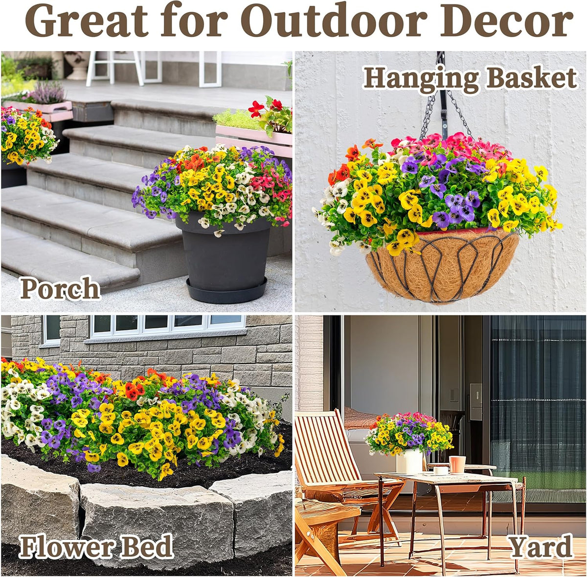 20 Bundles Artificial Fake Pansy Flowers for Outdoor - Yellow, White, Purple, Sunset red & deep pink Faux Pansies Flowers, Fake Flowers for Outdoor Planters, Porch, Garden, and Home Decoration