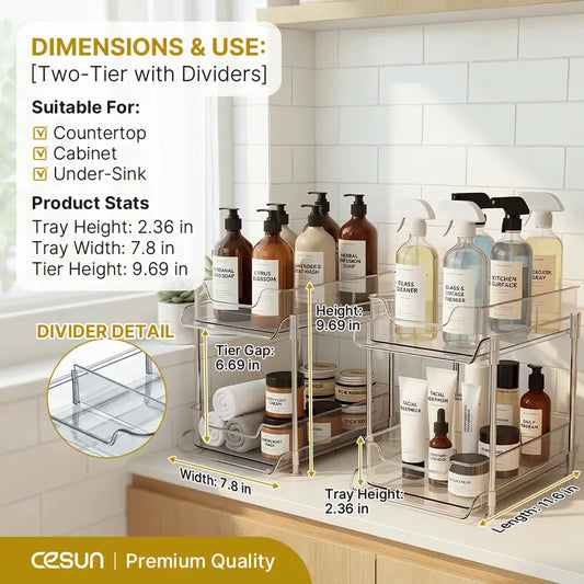 2-Pack 2-Tier Stackable Under Sink Storage Organizer Set with Movable Dividers