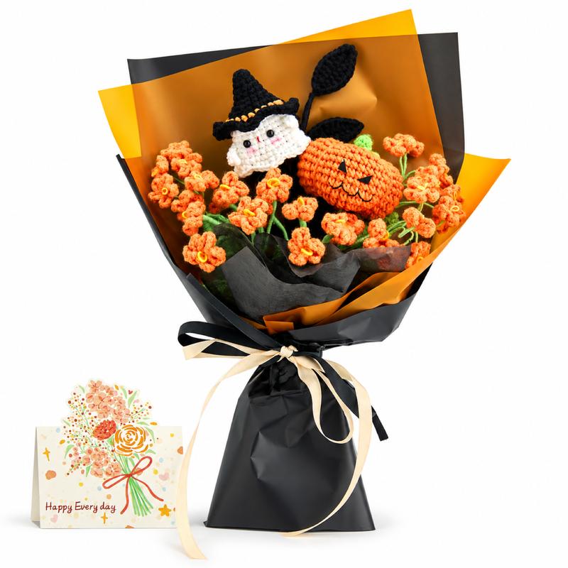 Handmade Crochet Flowers Bouquet - Halloween Pumpkin and Ghost Decor Gift