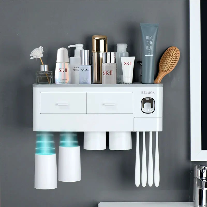 Wall Mounted Toothbrush Holder with Automatic Toothpaste Dispenser and Storage Tray