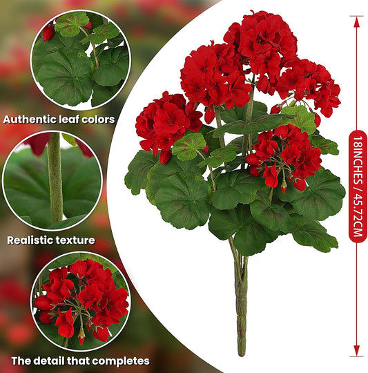 18" Artificial Geraniums for Outdoors, UV Resistant Red Silk Flowers for Window Box Porch Patio Garden Decor, Waterproof Ruby Red