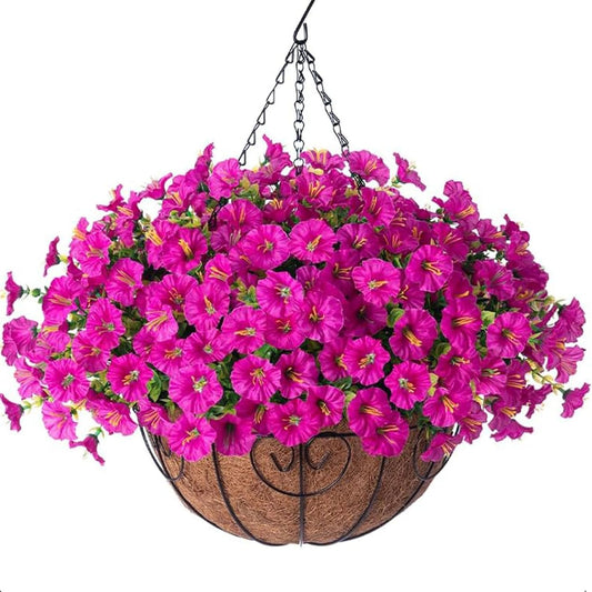 Artificial Fake Hanging Flowers Plants Baskets for Outdoor Spring Summer Decoration, Faux Silk Morning Glory in Planter UV Resistant Realistic for Home Outside Porch Patio Balcony Garden Yard, Fuchsia
