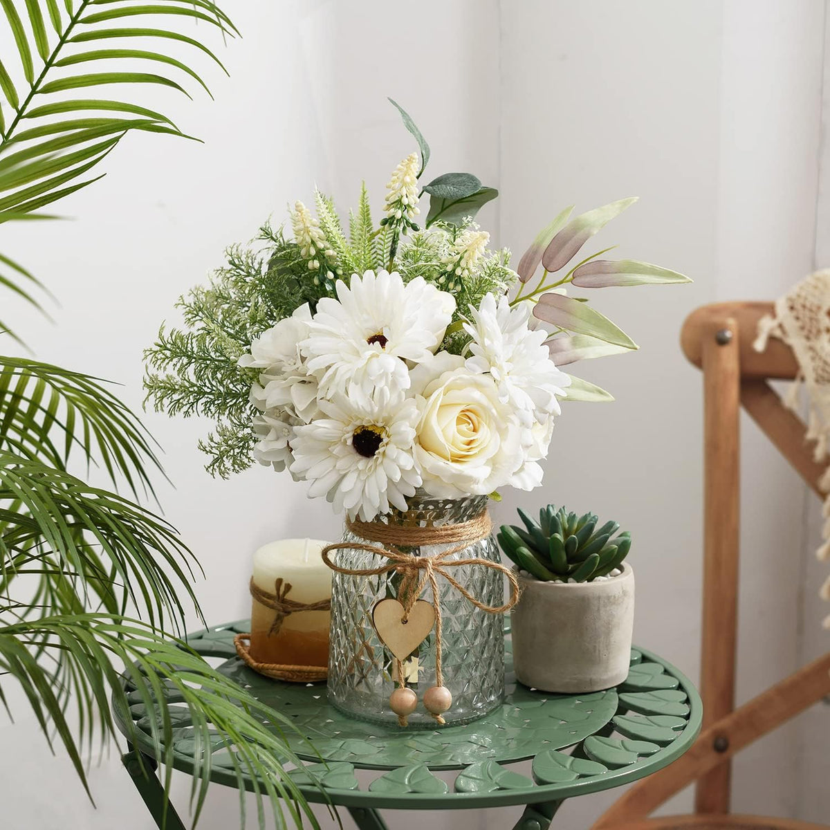 Artificial White Flowers with Vase, Fake Flowers Arrangement for Home Decor, Faux Flowers for Farmhouse Coffee Table Decor, House Kitchen Centerpiece Table Decorations