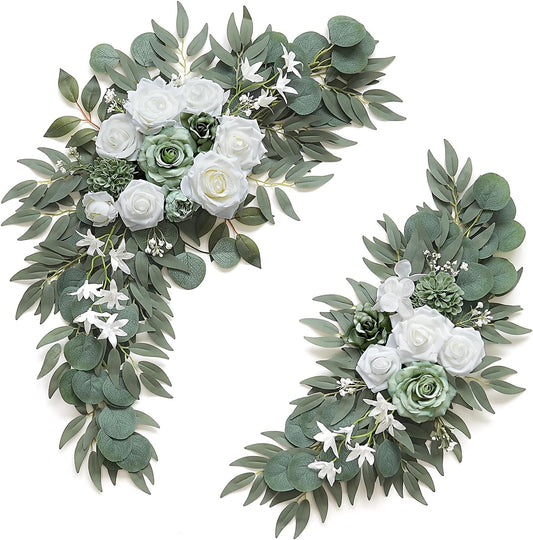2-Pack Sage Green & White Wedding Flower Swag Set, Large: 35.43"L x 14.56"W, Small: 24.80"L x 12.99"W, Artificial Flowers for Wedding Arch, Ceremony, Table Centerpieces, Wall Hanging