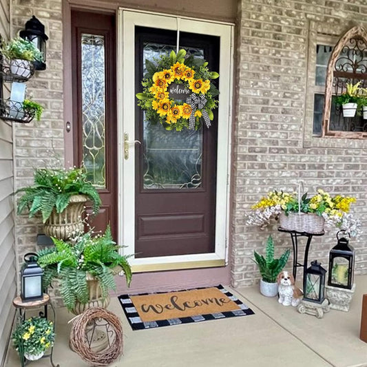 20-Inch Sunflower Wreath with Welcome Sign, Handmade Farmhouse Porch Decor for Front Door
