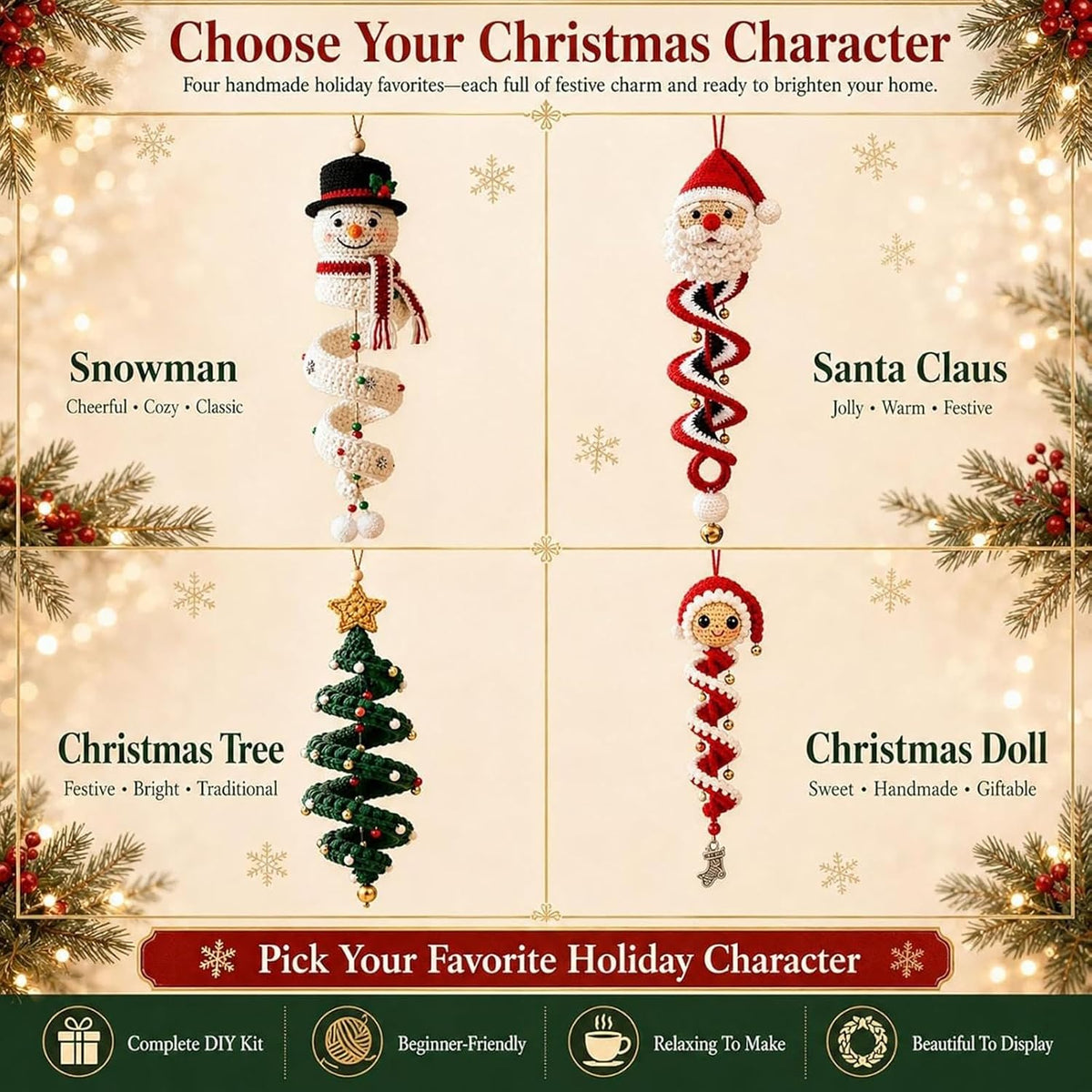 Crochet Snowman Spiral Ornament DIY Kit - Christmas Tree Decoration Craft Set for Beginners