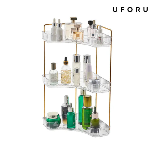 3-Tier Transparent Plastic Corner Bathroom Counter Storage Organizer with Gold Metal Poles