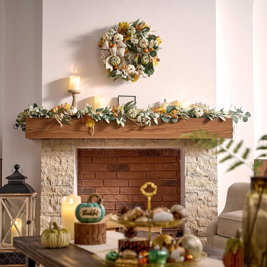 20'' Fall Wreath for Front Door with 20 LED Lights, Pumpkins and Burlap Bow