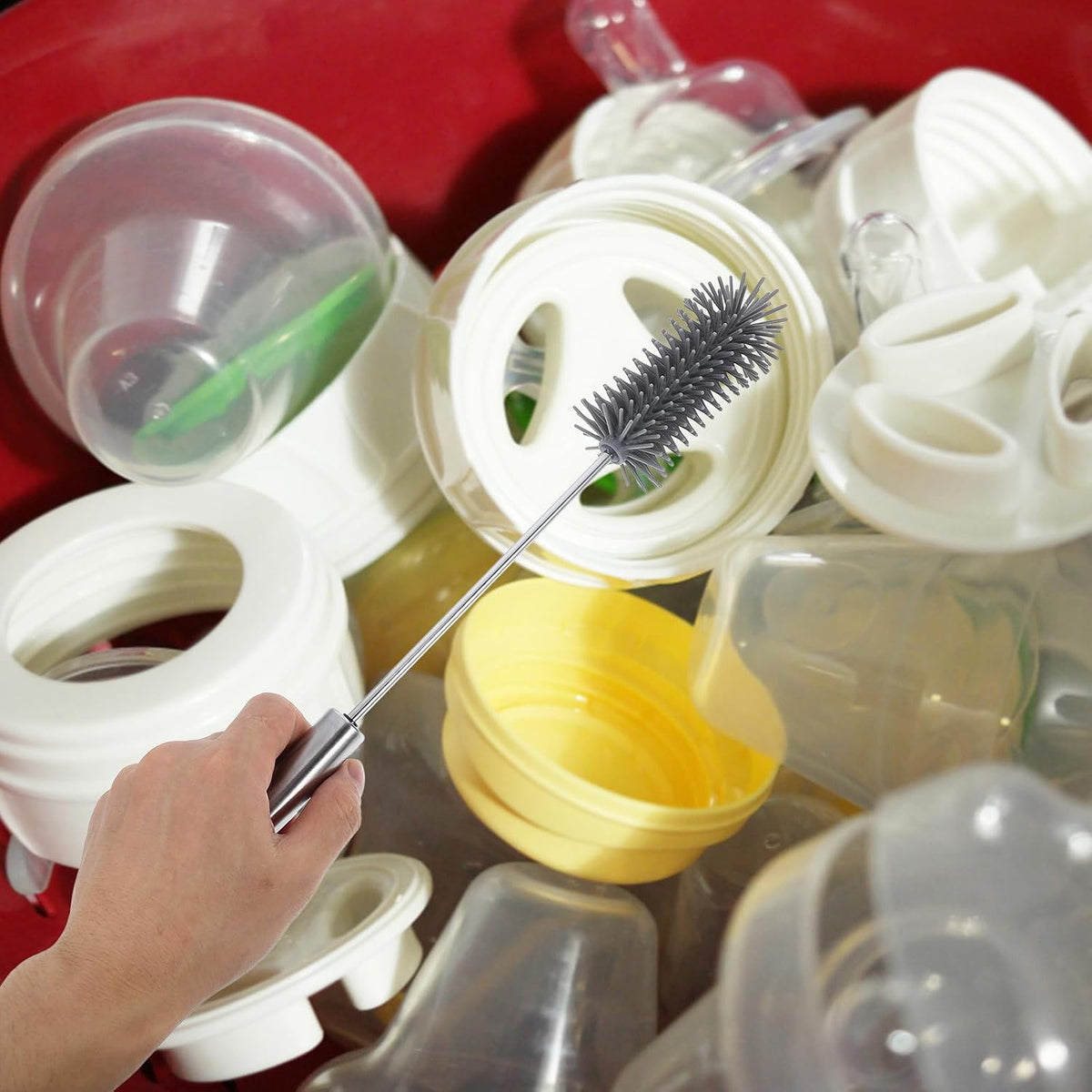 Semi Automatic Rotating Bottle Cleaning Brush with Long Handle Silicone Scrubber