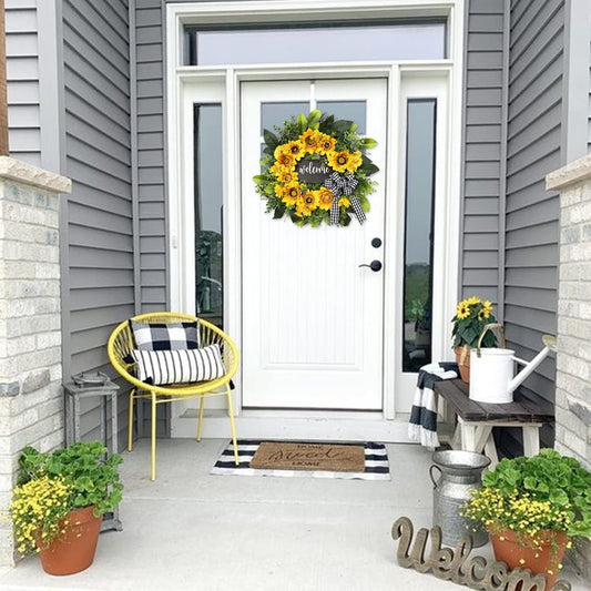 20-Inch Sunflower Wreath with Welcome Sign, Handmade Farmhouse Porch Decor for Front Door