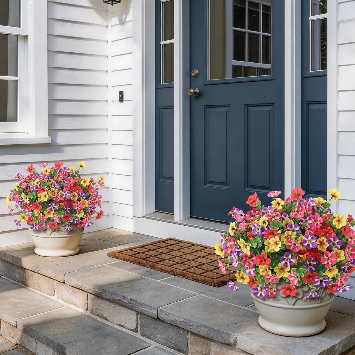 2 Set of Artificial Morning Glory & Eucalyptus Topiary Trees - Faux Silk Flower Potted Plants, UV-Resistant Fake Outdoor Morning Glory Bushes for Front Door, Farmhouse, Garden Decor (Mixed Color)