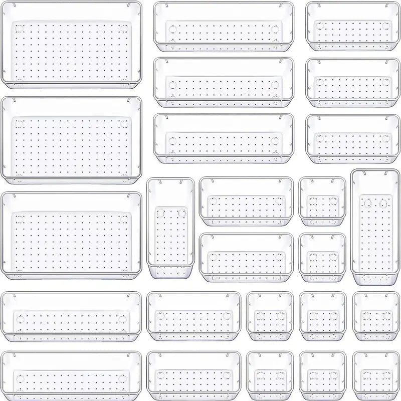 25 PCS Clear Plastic Drawer Organizer Set, 4 Sizes Versatile Storage Bins for Home and Office