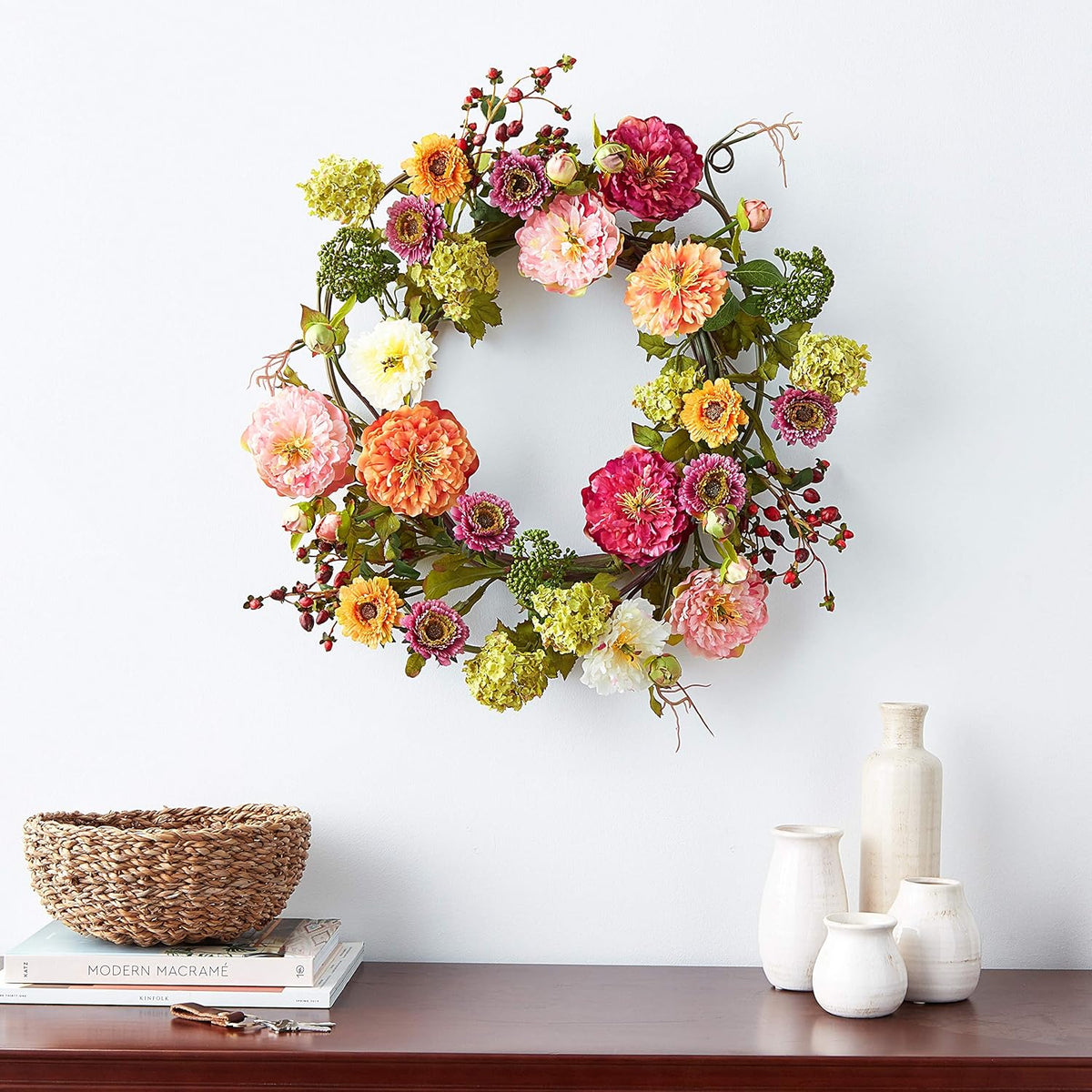 Nearly Natural 24in Artificial Peony Wreath Faux Floral Door Wreath for Indoor Home Entryway Wall Decor, Multicolor