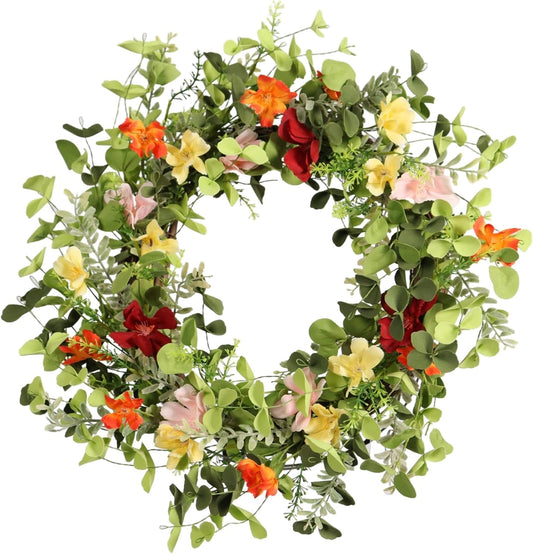 22IN Artificial Spring Summer Wreath with Wild Flowers & Silk Daisies Eucalyptus, UV Resistant, Colorful Wreath - for Spring Summer Indoor Outdoor Home Décor