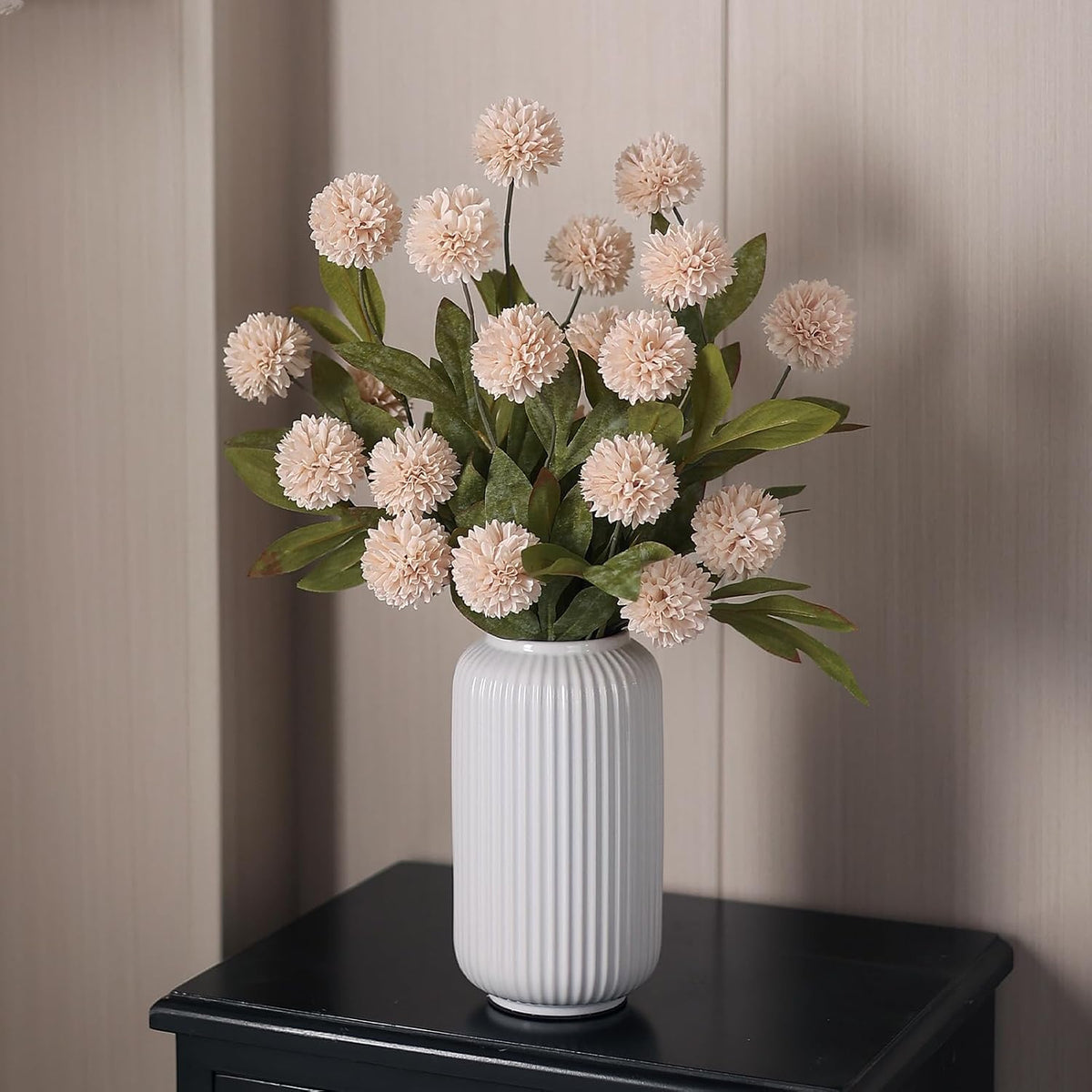 12 Pcs 27" Faux Silk Pompon Mum Artificial Flowers for Vase, Beige Bulk Fake Chrysanth Branches