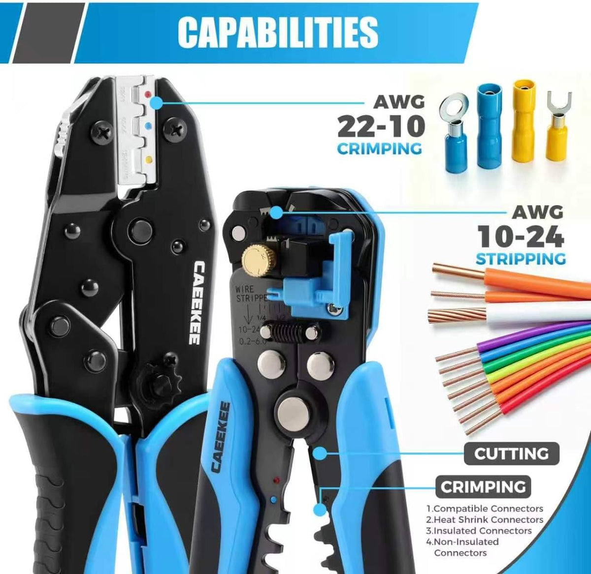 Wire Stripper and Crimping Tool Kit, AWG 24-10 Self-Adjusting Stripper with AWG 22-10 Ratchet Crimper