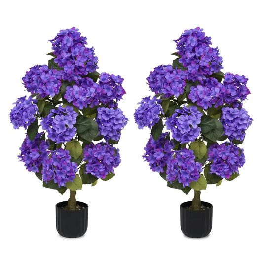 2 Pcs 3ft Artificial Hydrangea Flower Pot, Realistic Silk Trees with Pebbles and Planters