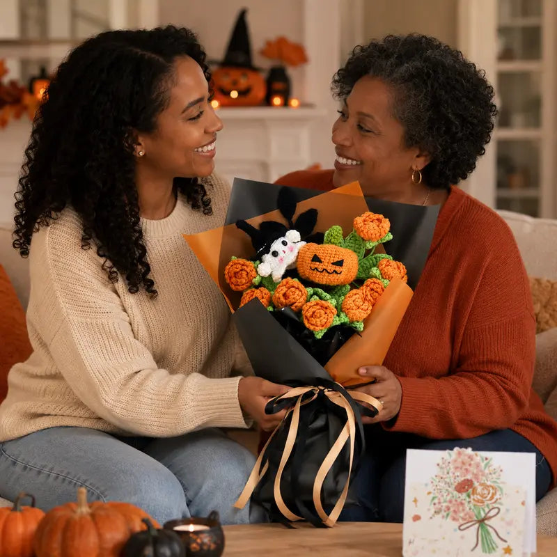 Handmade Crochet Flowers Bouquet - Halloween Pumpkin and Ghost Decor Gift