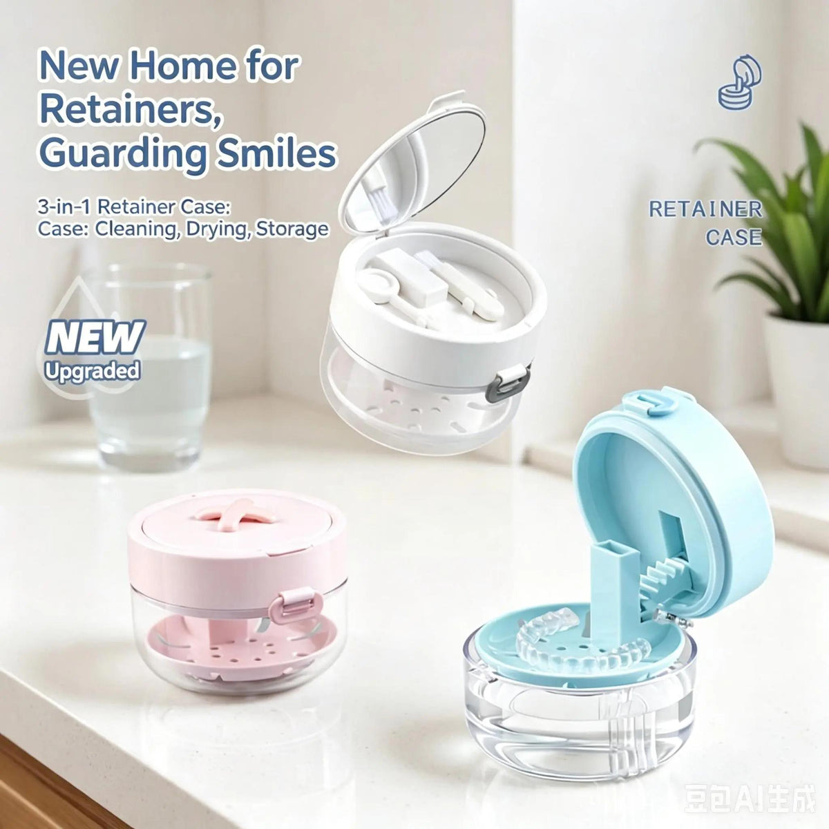 Retainer Cleaner Case Box with Drain Tray, Mirror and Brush for Travel and Daily Use