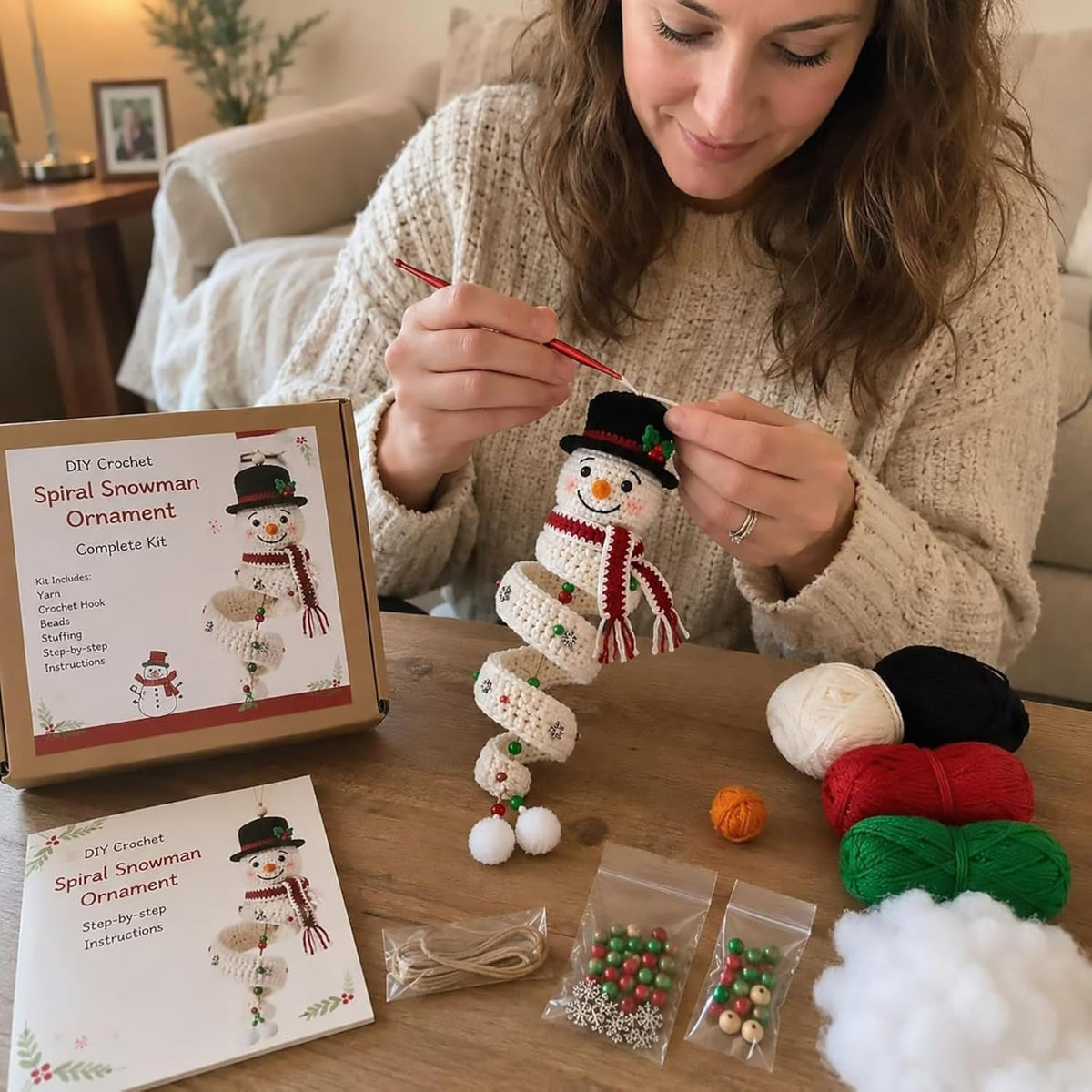 Crochet Snowman Spiral Ornament DIY Kit - Christmas Tree Decoration Craft Set for Beginners