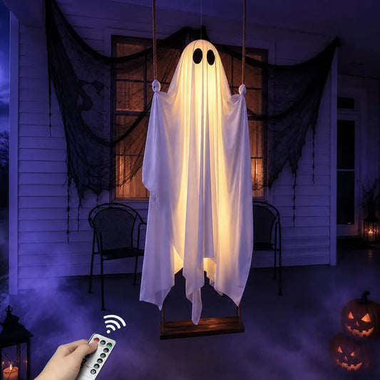 5FT Large Hanging Ghost Swing Halloween Outdoor Decoration with Remote Control Colorful Lights