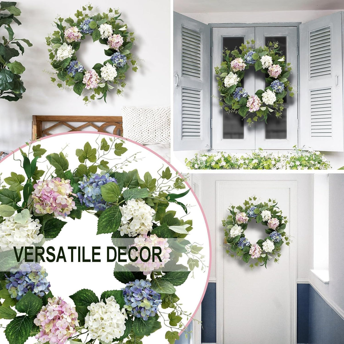 Spring Summer Wreaths for Front Door, 20 Inch Artificial Wreaths with Hydrangea Floral, Floral Wreath for Porch Wall Window Wedding Decor, All Season Wreaths for Home Outdoor Decoration