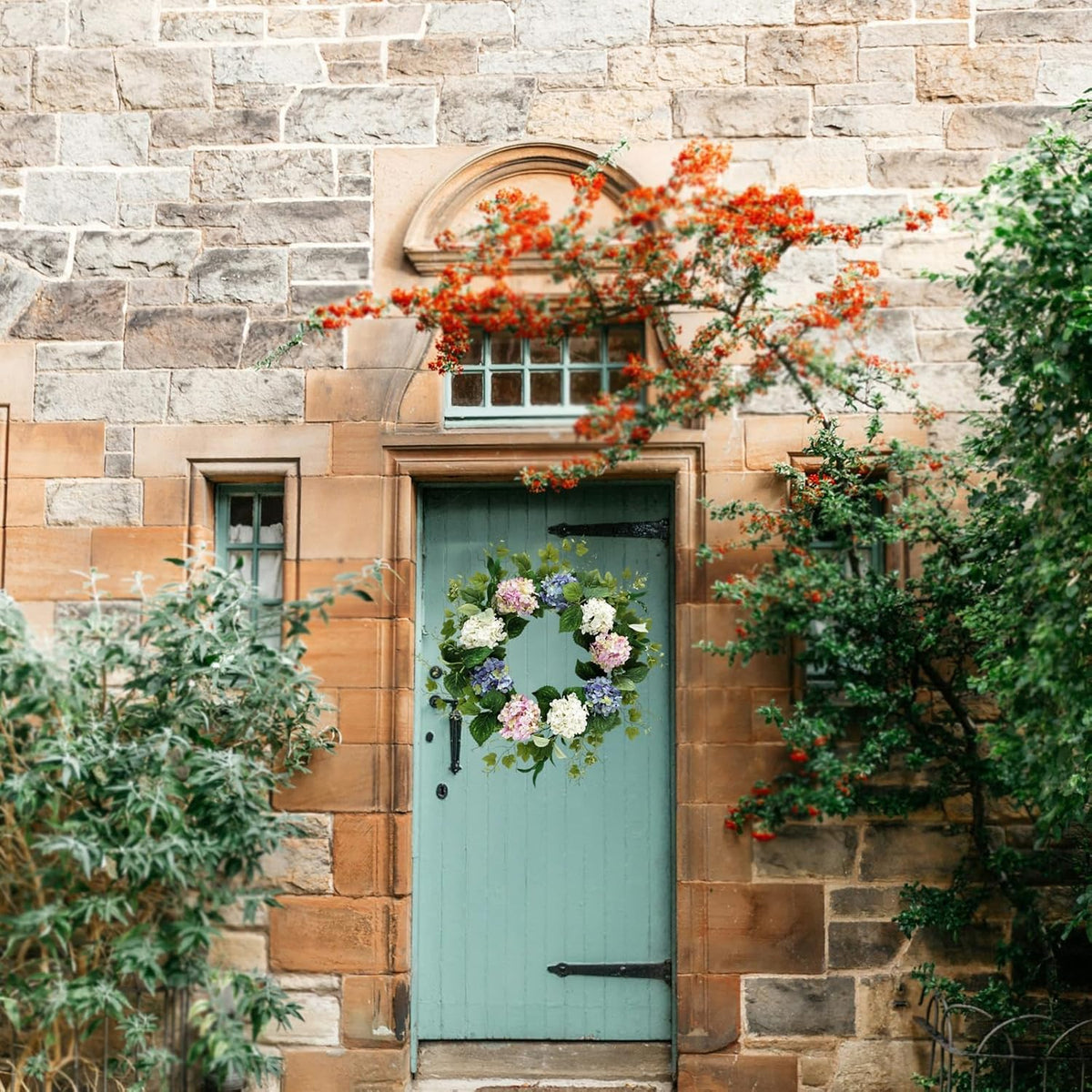 Spring Summer Wreaths for Front Door, 20 Inch Artificial Wreaths with Hydrangea Floral, Floral Wreath for Porch Wall Window Wedding Decor, All Season Wreaths for Home Outdoor Decoration