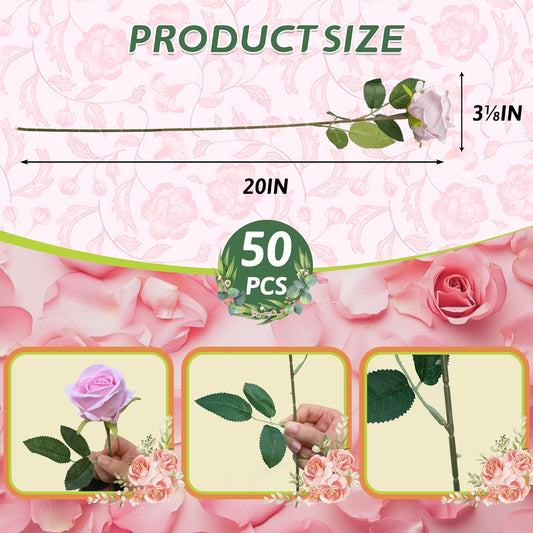 50 PCS Fake Pink Roses, Artificial Flowers Bulk Realistic Silk Faux Rose with Stems for Wedding Decoration Bridal Bouquet Birthday Celebrations DIY Floral Arrangement Home Decor