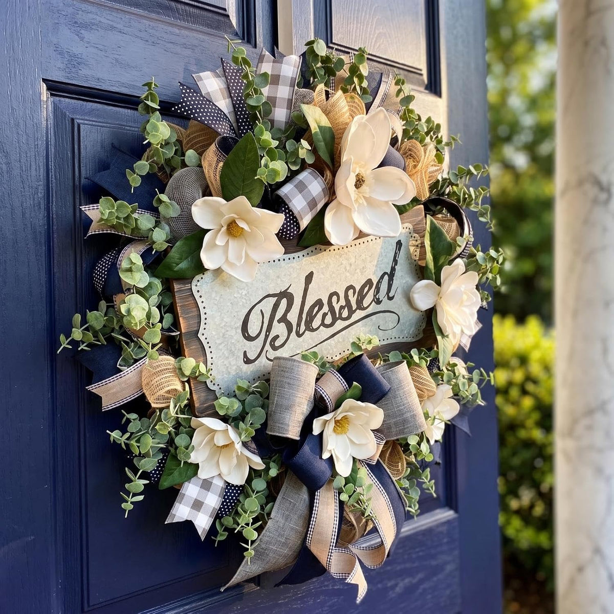 Spring Summer Wreath for Front Door, Farmhouse White Floral Porch Decor with Blessed Plaque