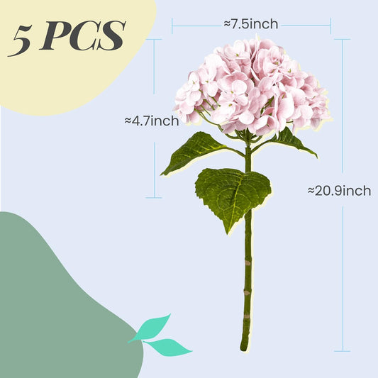 Tafren💐 21In Pink Artificial Hydrangea Flowers 5 Pcs Real Touch 3D Print Latex Flowers for Wedding Centerpieces Bouquets DIY Floral Decor Home Decoration with Stems