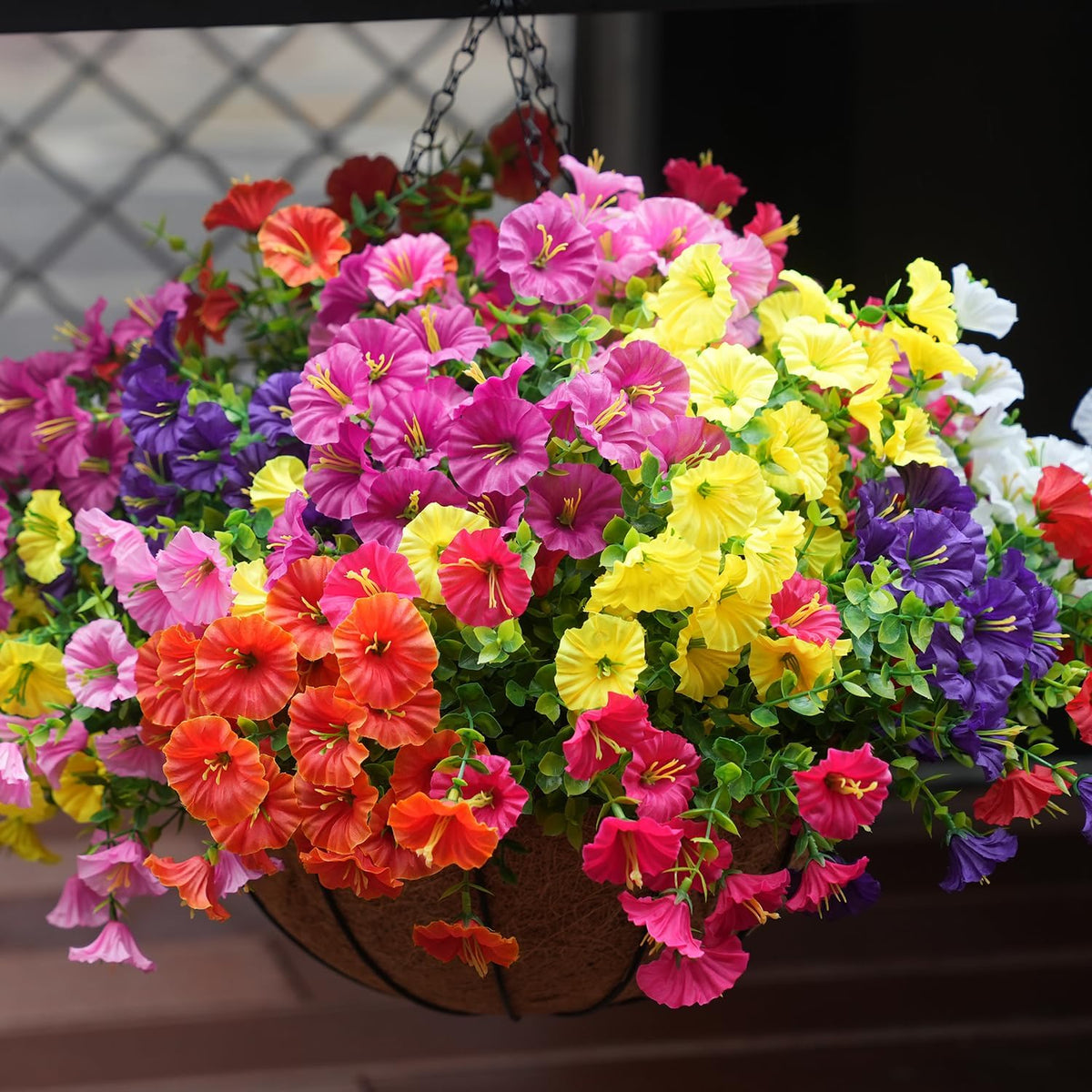 Artificial Flowers for Outdoors, UV Resistant Fake Silk Morning Glory, Realistic Faux Plants for Outside Porch Patio Window Box Hanging Planter (16, Purple Fuchsia Yellow Orange)